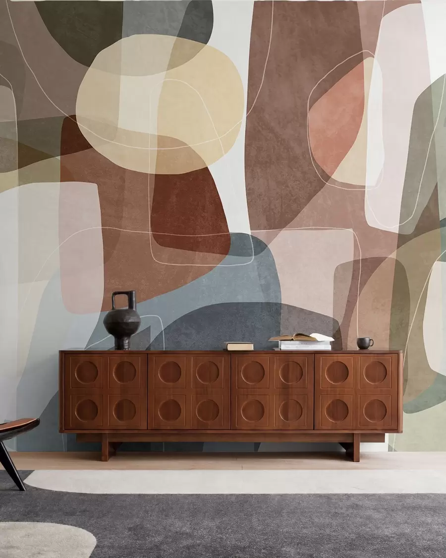 wall murals Abstract shapes in muted earth tones with thin white lines, overlapping textures w09942v1