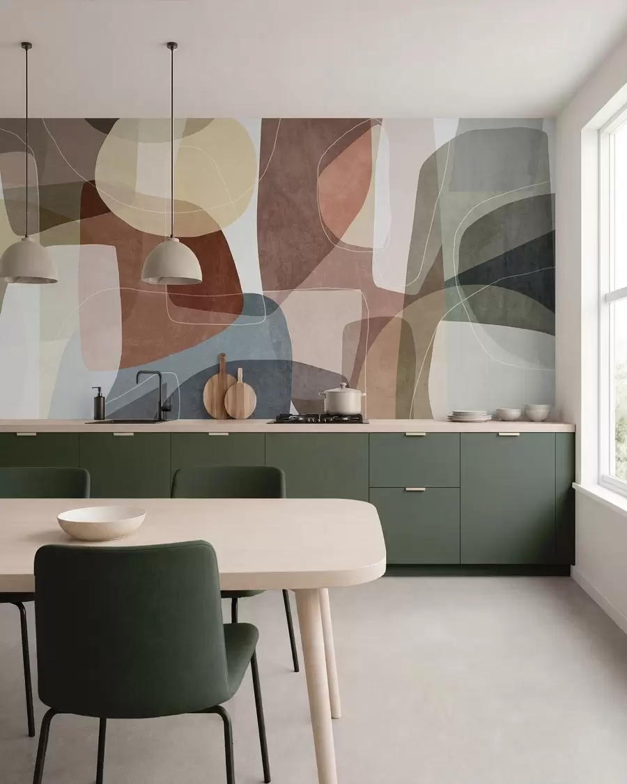 wall murals Abstract shapes in muted earth tones with thin white lines, overlapping textures w09942v1
