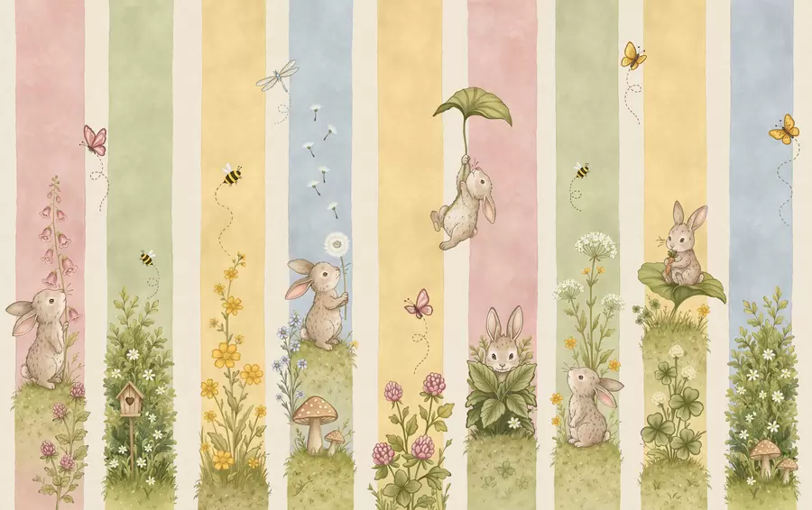 wall murals Pastel stripes with rabbits, flowers, butterflies and bees w05730