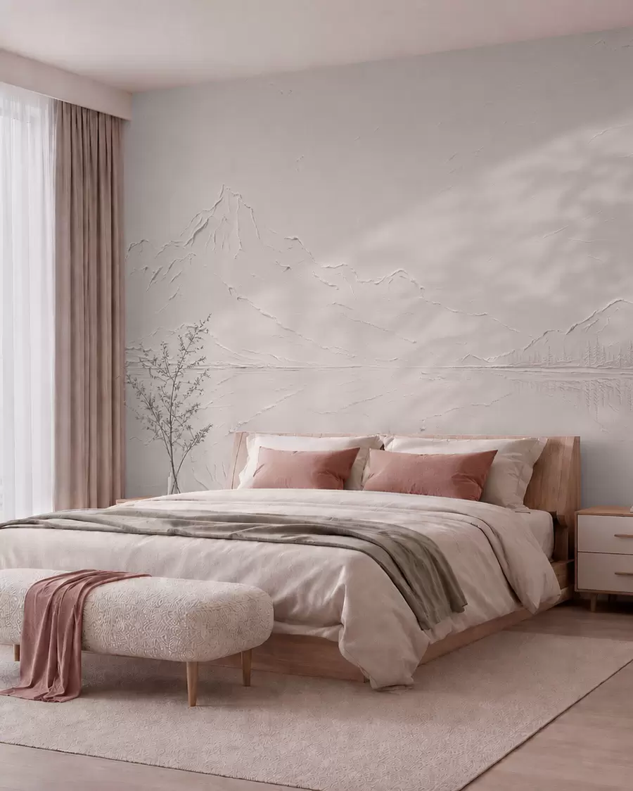 wall murals A light pink, textured mountain landscape with a mirror-like lake w05739v1