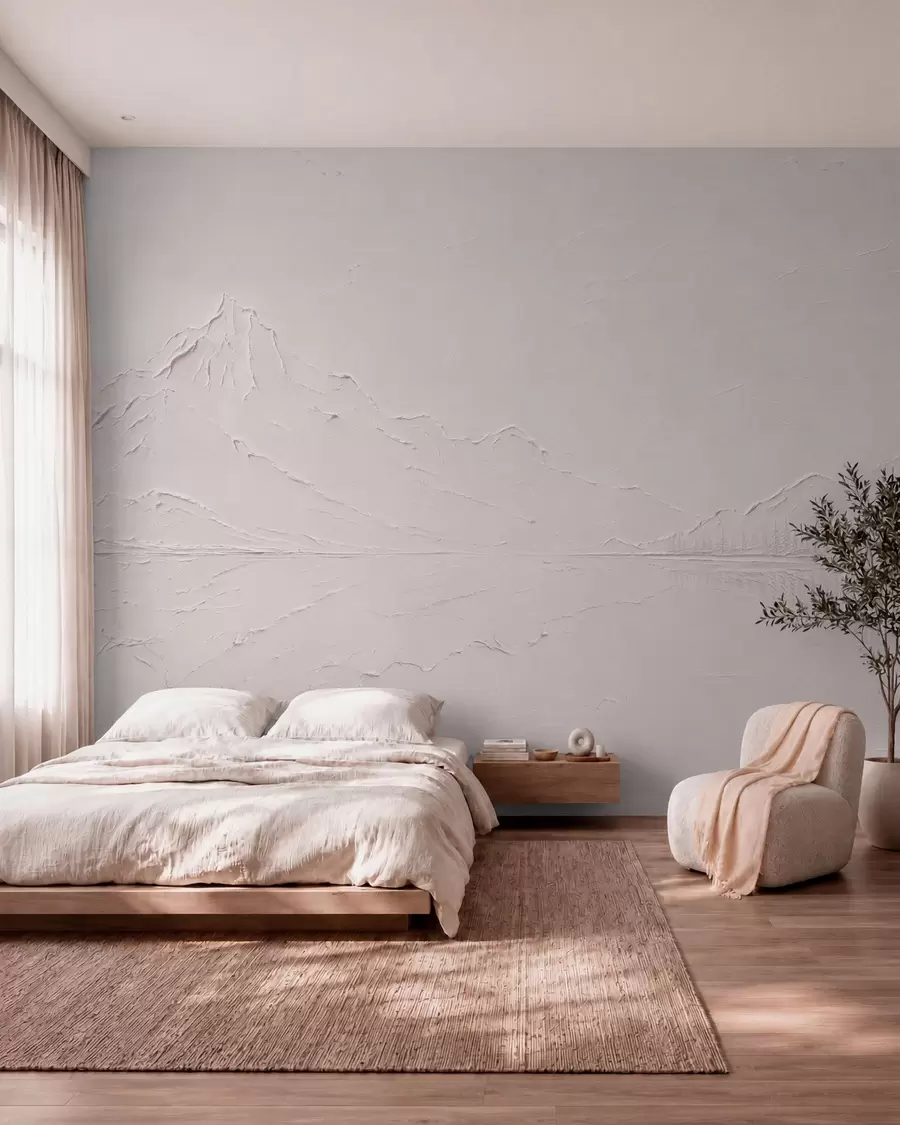 wall murals A light pink, textured mountain landscape with a mirror-like lake w05739v1
