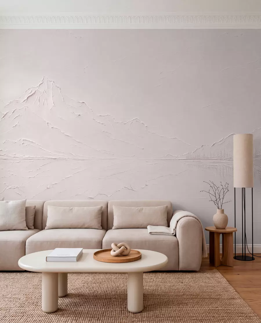 wall murals A light pink, textured mountain landscape with a mirror-like lake w05739v1
