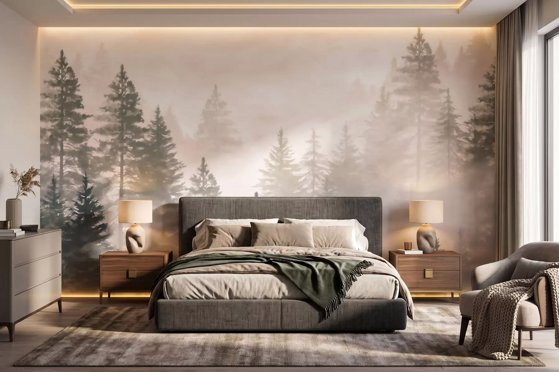 wall murals Misty coniferous forest in dark green tones in watercolor style w09929