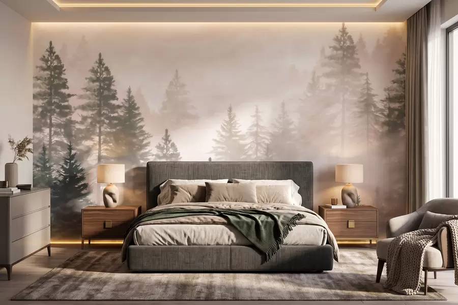 wall murals Misty coniferous forest in dark green tones in watercolor style w09929