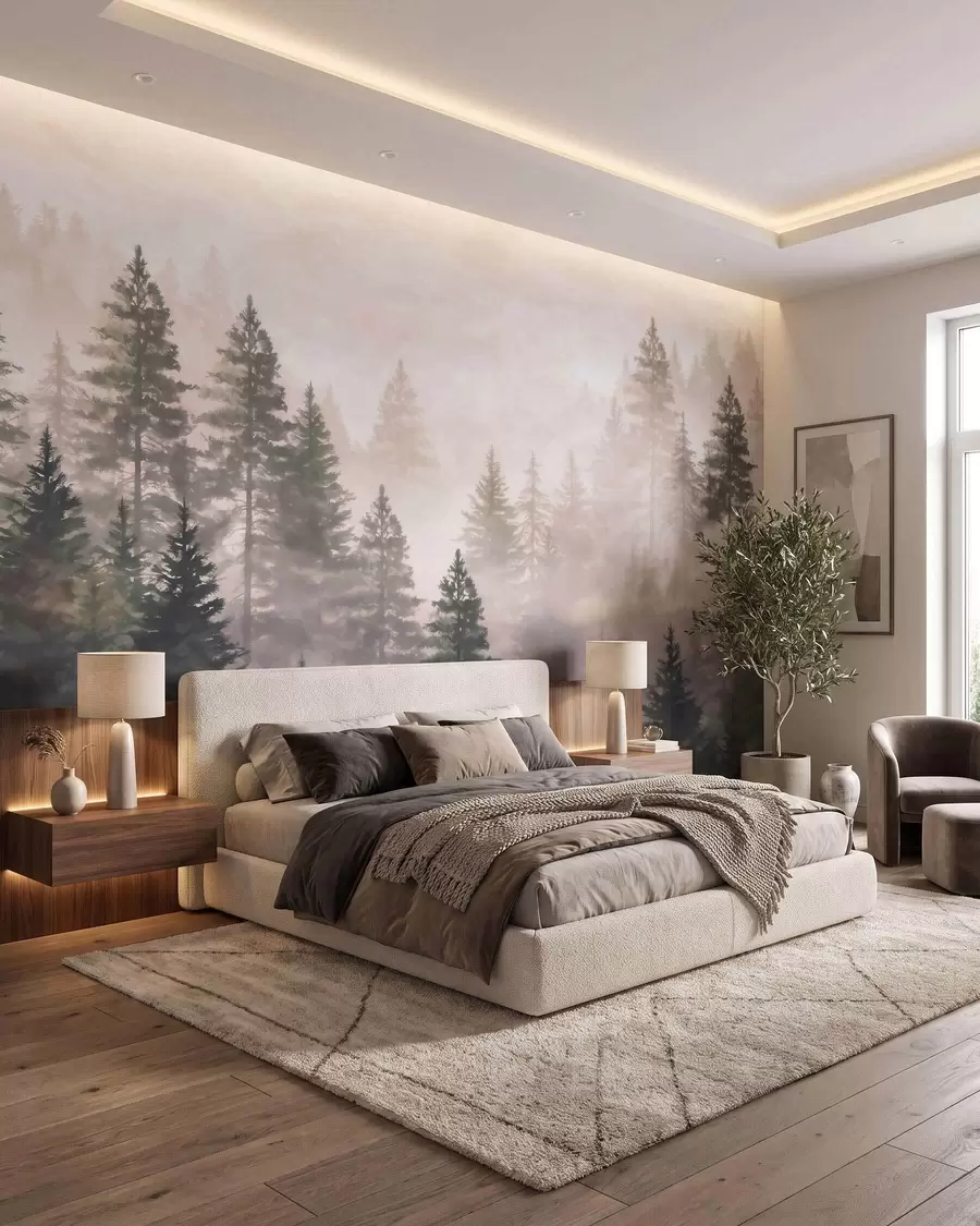 wall murals Misty coniferous forest in dark green tones in watercolor style w09929