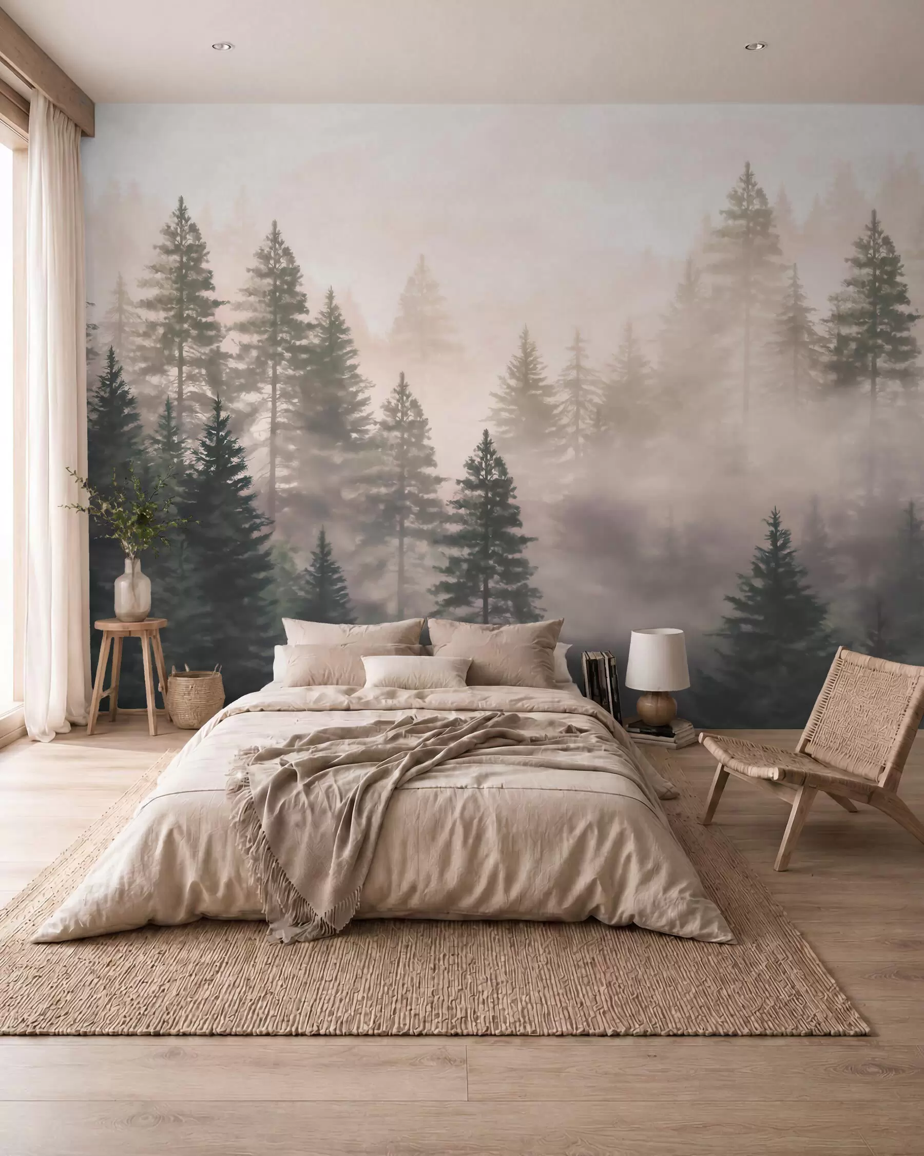 wall murals Misty coniferous forest in dark green tones in watercolor style w09929