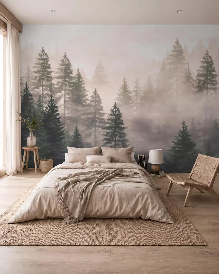 wall murals Misty coniferous forest in dark green tones in watercolor style w09929