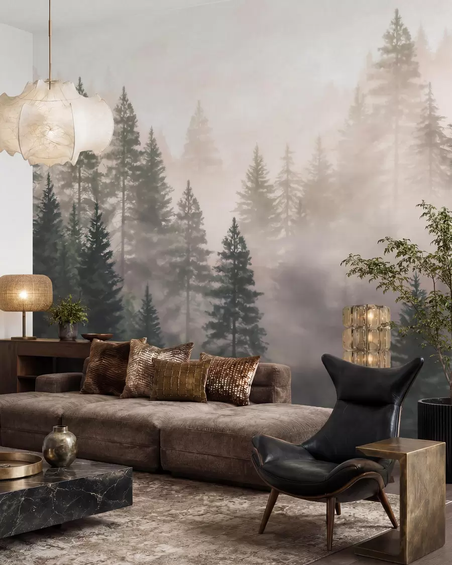 wall murals Misty coniferous forest in dark green tones in watercolor style w09929