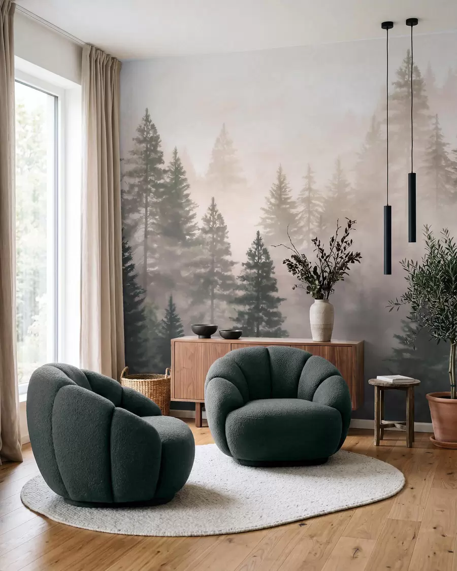 wall murals Misty coniferous forest in dark green tones in watercolor style w09929