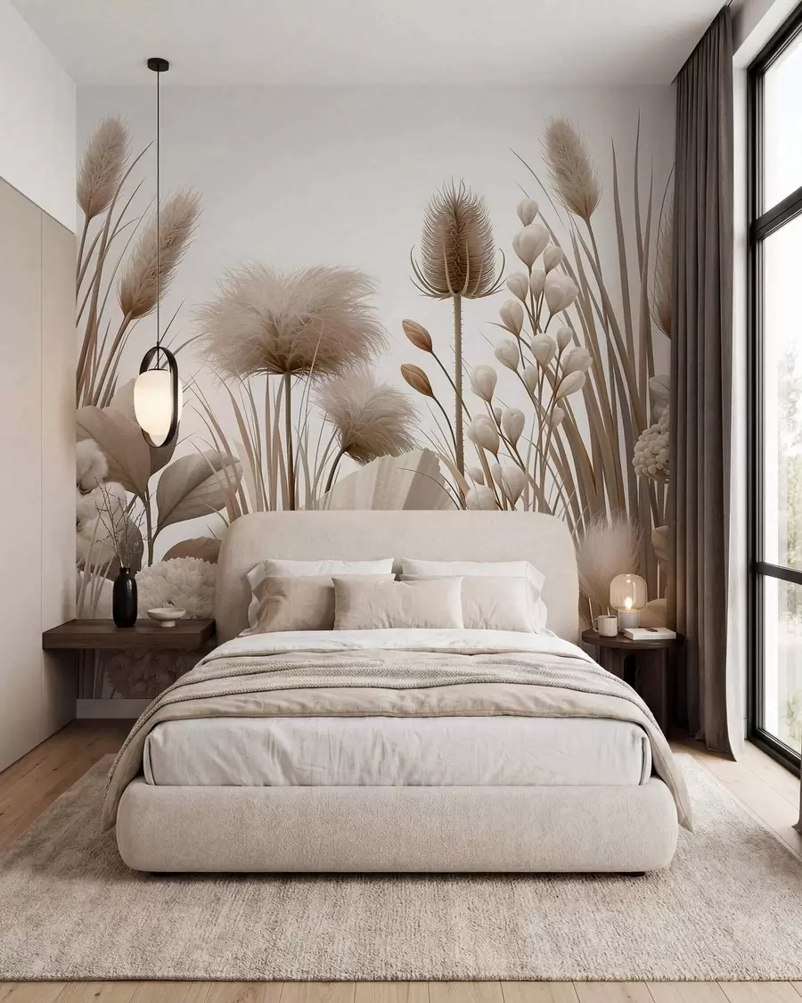 wall murals Tall beige dried flowers in neutral beige tones w09932