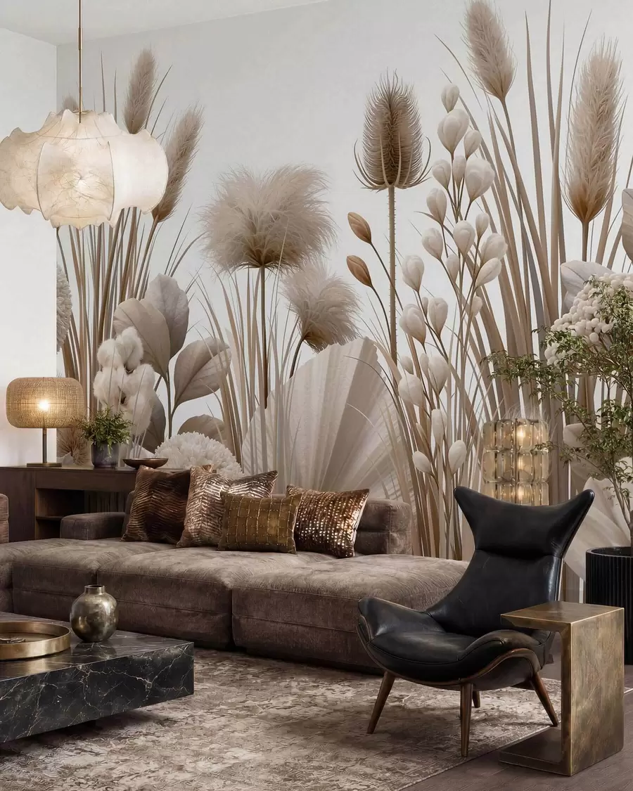 wall murals Tall beige dried flowers in neutral beige tones w09932