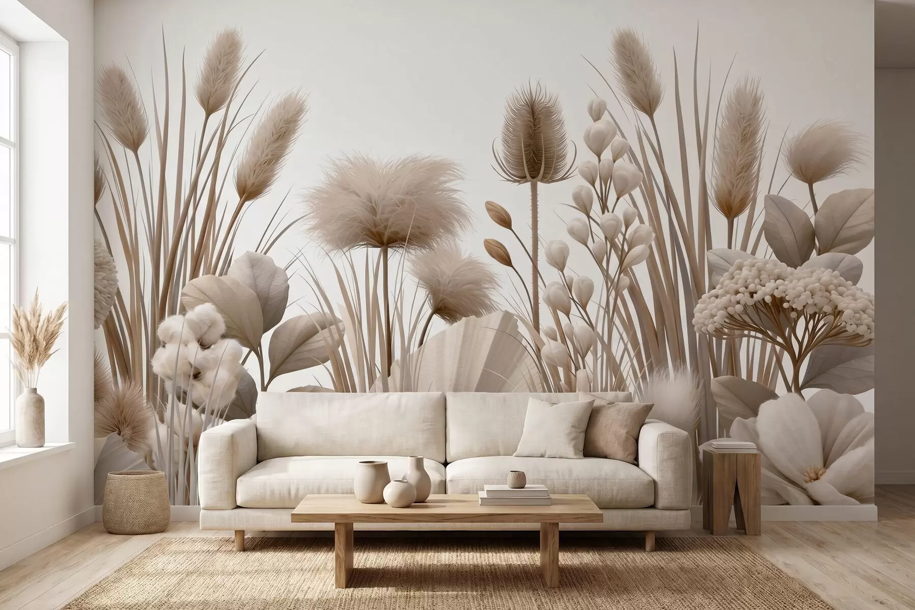 wall murals Tall beige dried flowers in neutral beige tones w09932