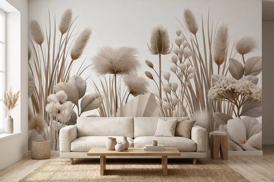 wall murals Tall beige dried flowers in neutral beige tones w09932