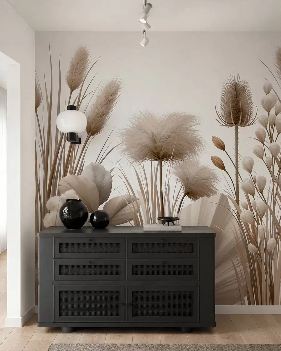 wall murals Tall beige dried flowers in neutral beige tones w09932