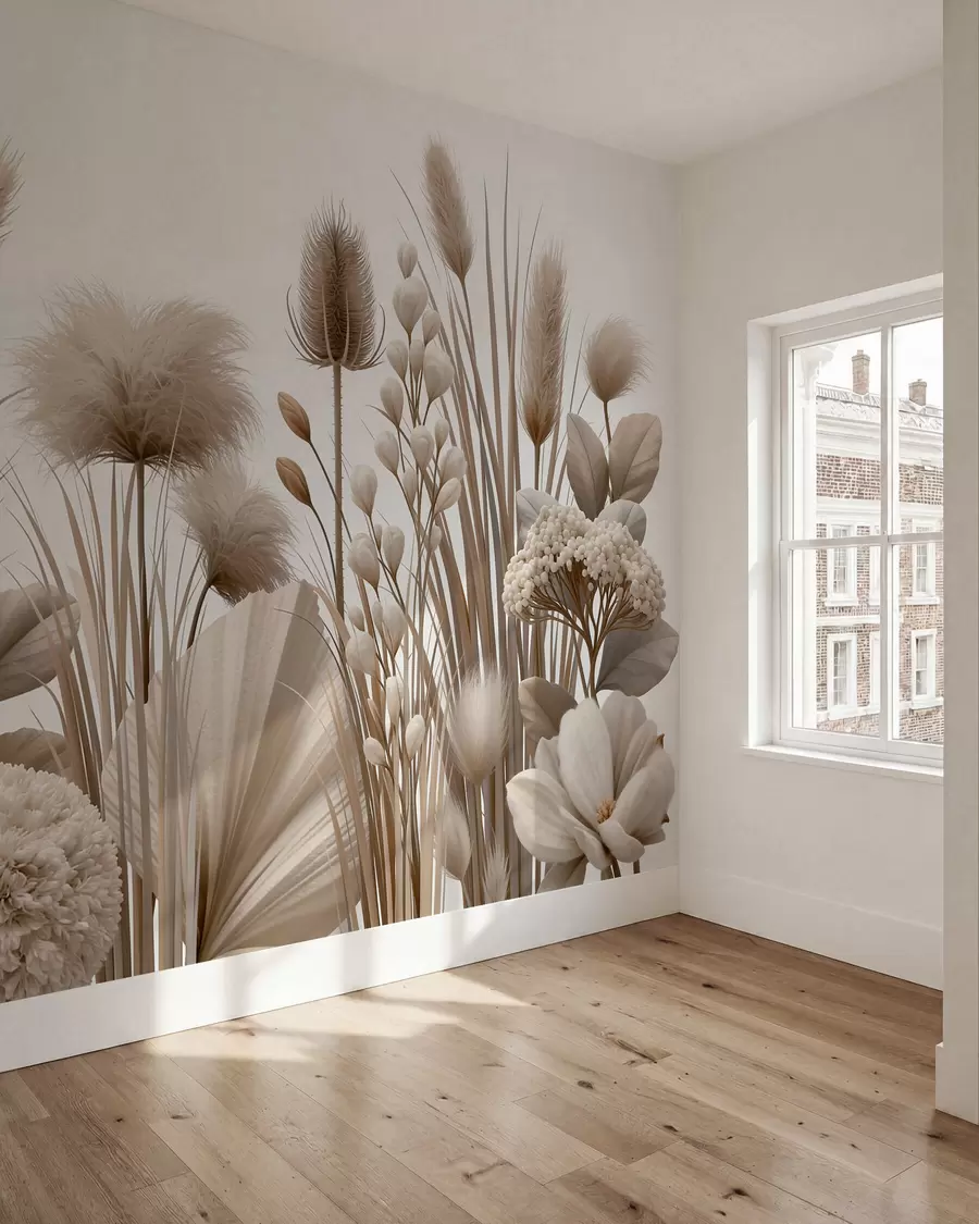 wall murals Tall beige dried flowers in neutral beige tones w09932