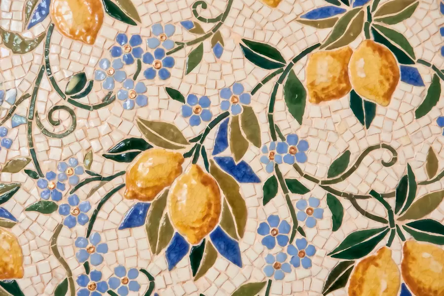 wall murals Bright decorative composition in ceramic mosaic style with juicy lemons, flowers, leaves, and branches w09948