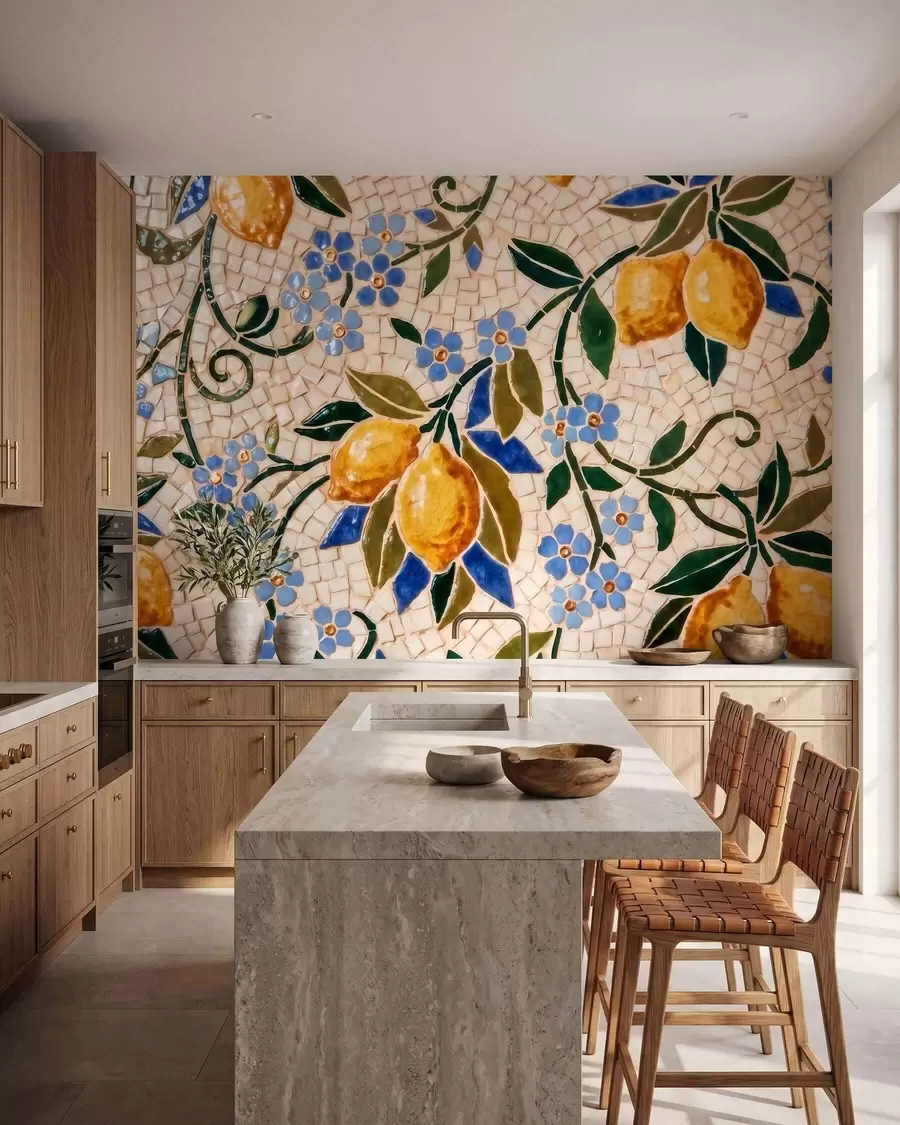 wall murals Bright decorative composition in ceramic mosaic style with juicy lemons, flowers, leaves, and branches w09948