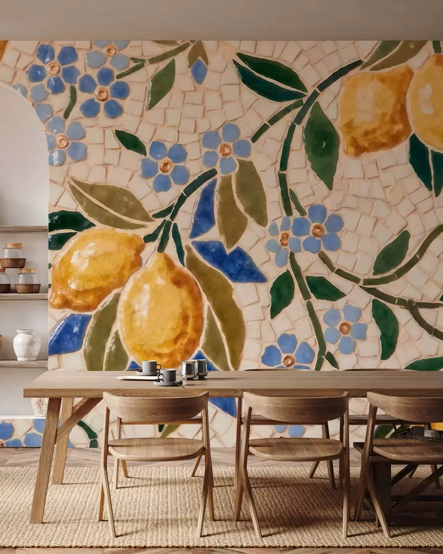 wall murals Bright decorative composition in ceramic mosaic style with juicy lemons, flowers, leaves, and branches w09948