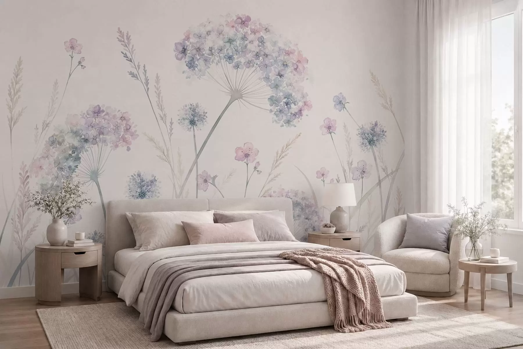 wall murals Meadow flowers in soft blue and lilac tones w05731