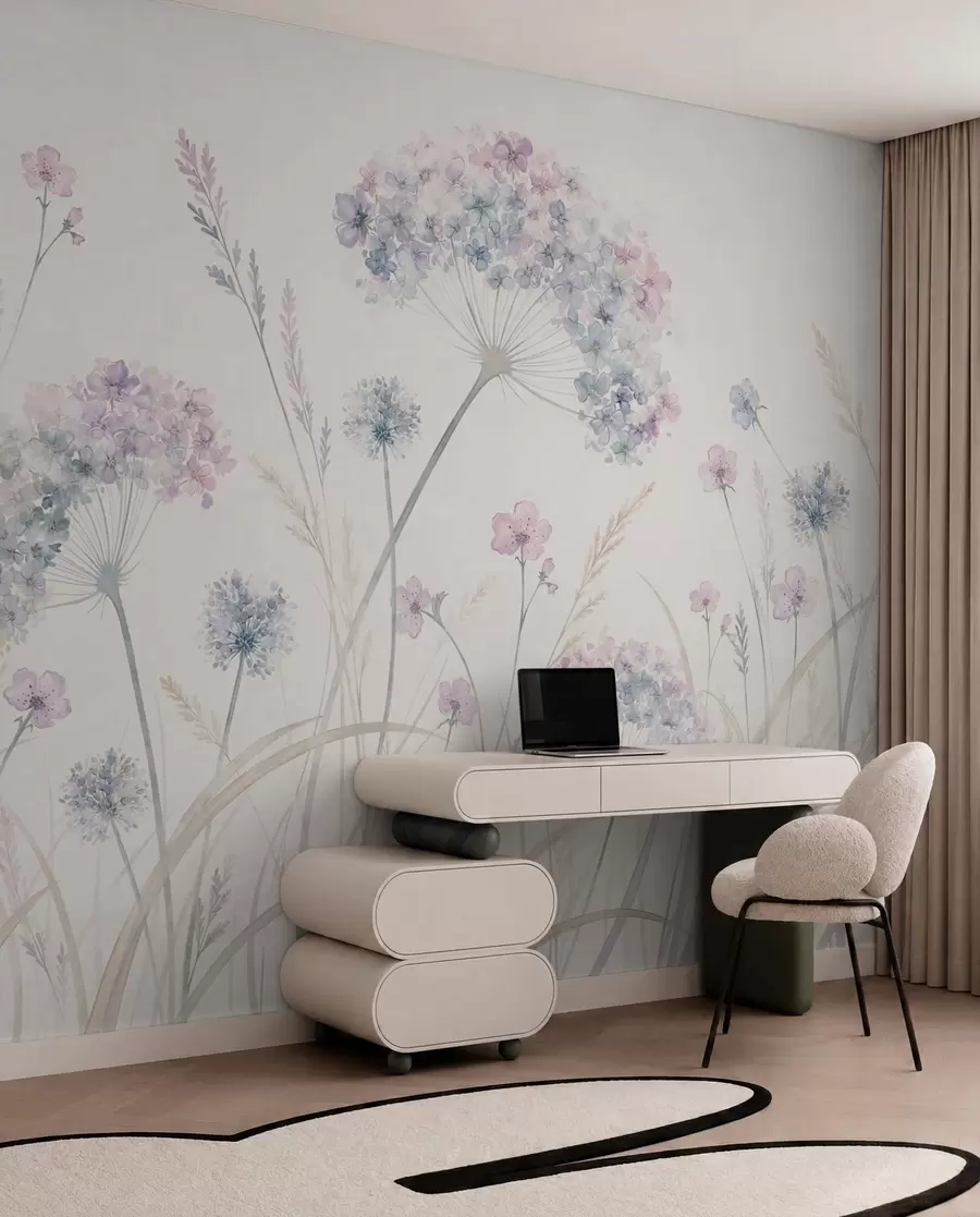 wall murals Meadow flowers in soft blue and lilac tones w05731