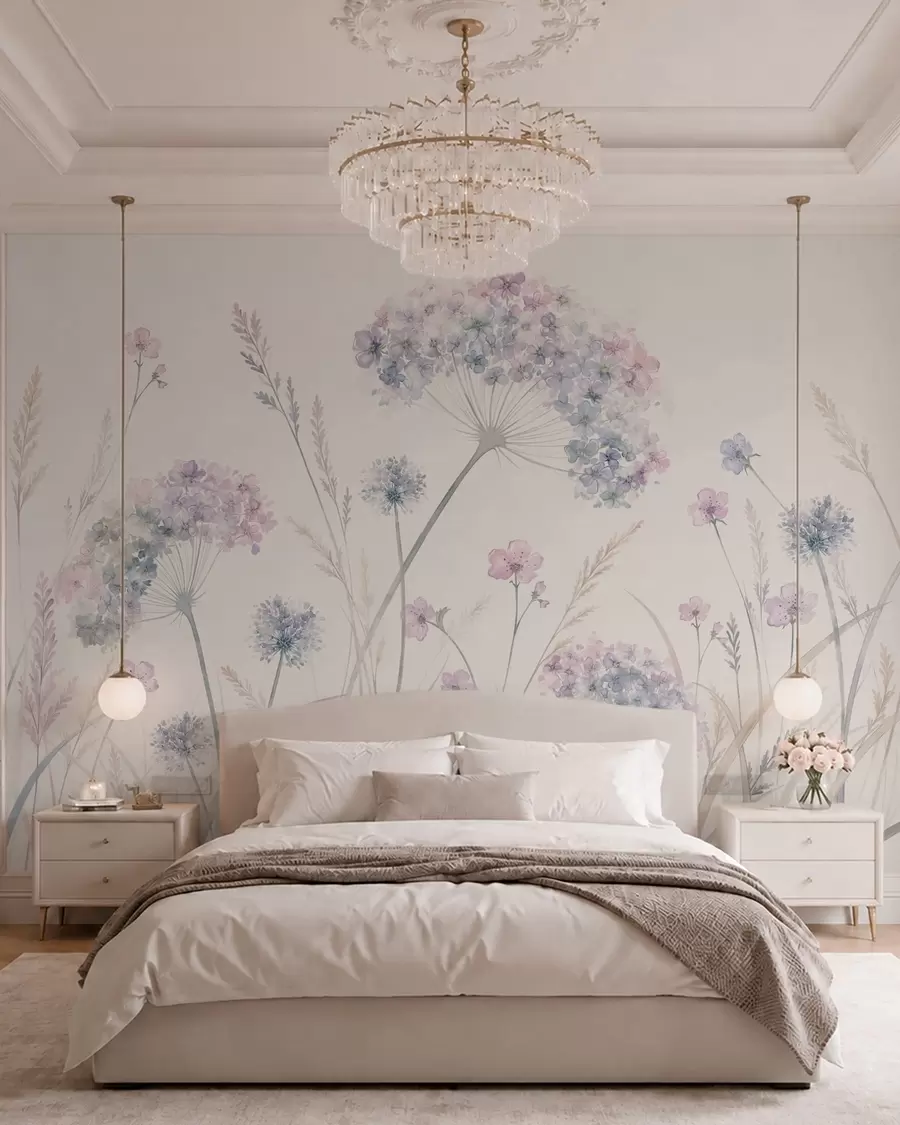 wall murals Meadow flowers in soft blue and lilac tones w05731
