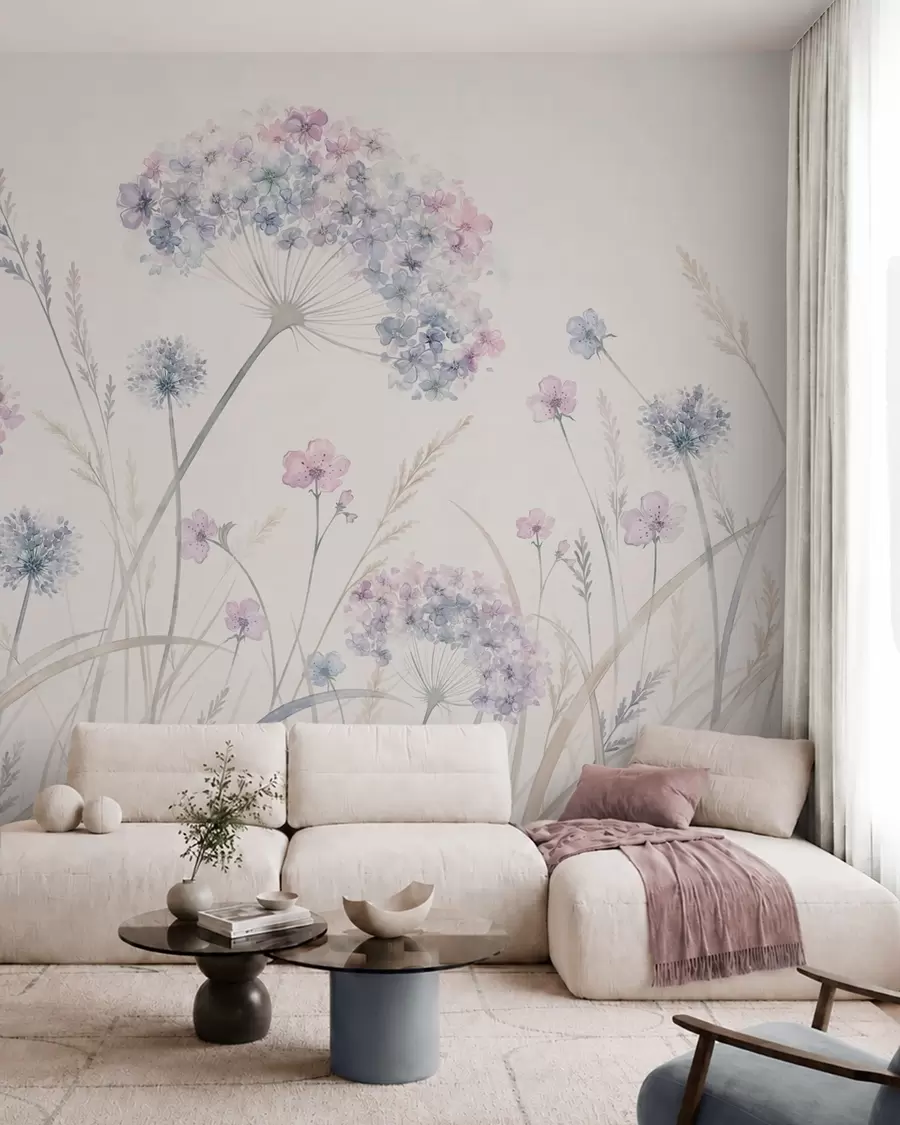 wall murals Meadow flowers in soft blue and lilac tones w05731