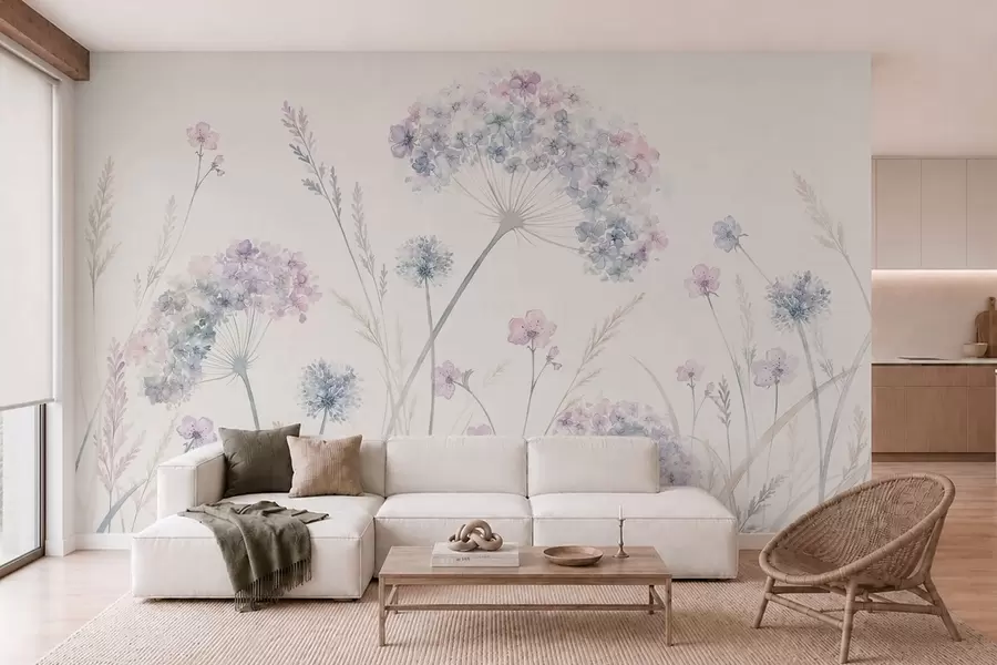 wall murals Meadow flowers in soft blue and lilac tones w05731