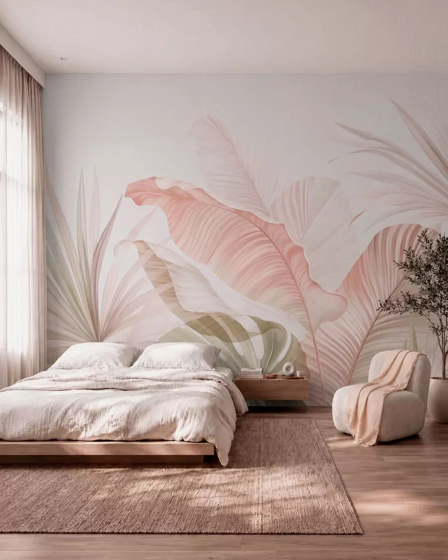 wall murals Soft tropical leaves in pastel tones w05810