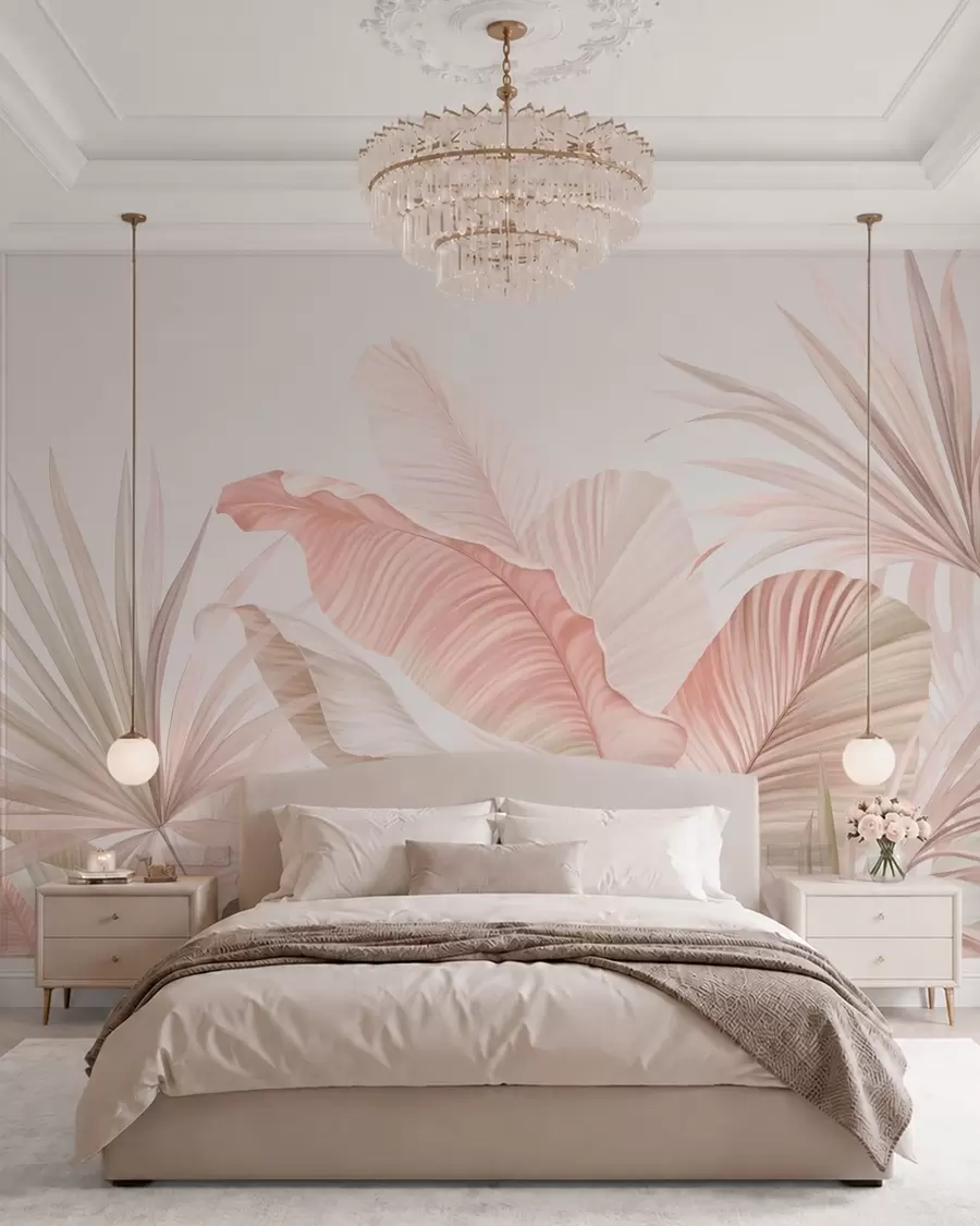 wall murals Soft tropical leaves in pastel tones w05810