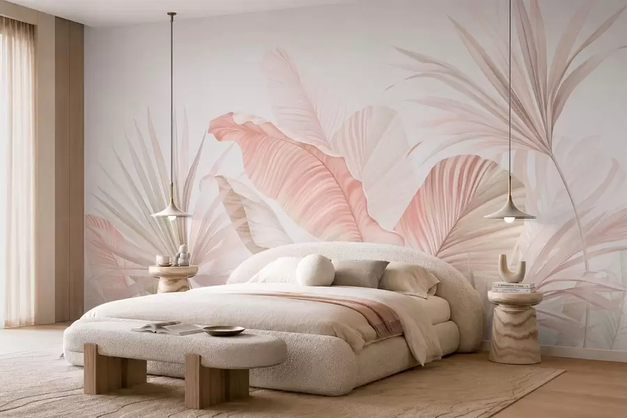 wall murals Soft tropical leaves in pastel tones w05810
