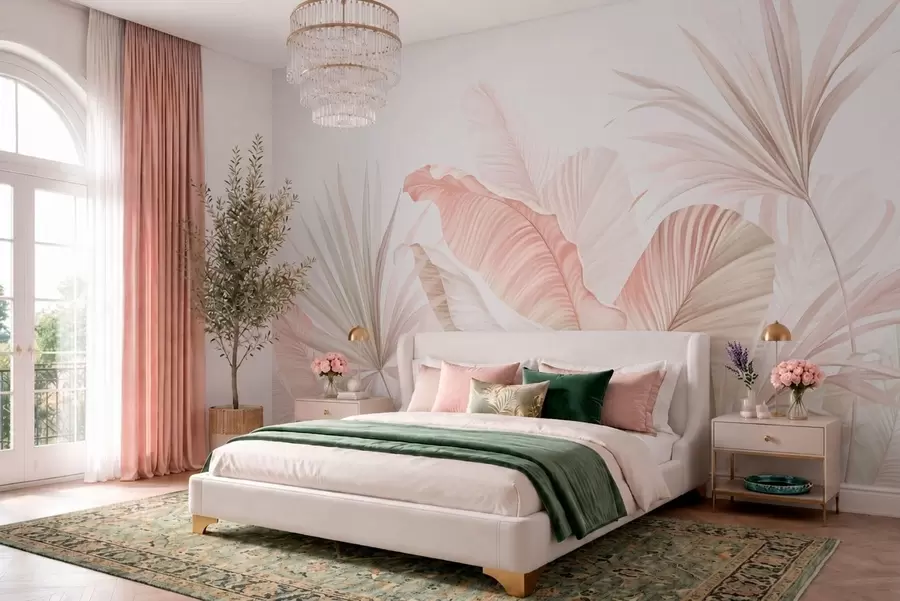 wall murals Soft tropical leaves in pastel tones w05810