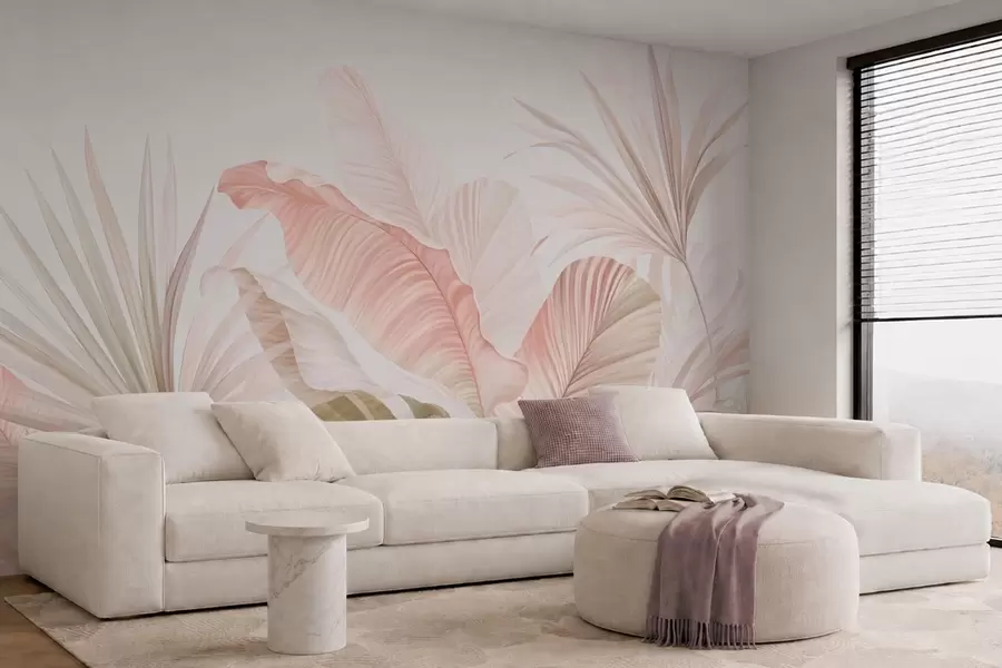 wall murals Soft tropical leaves in pastel tones w05810