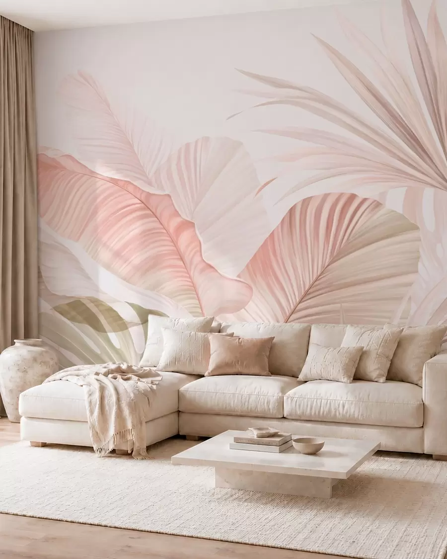 wall murals Soft tropical leaves in pastel tones w05810