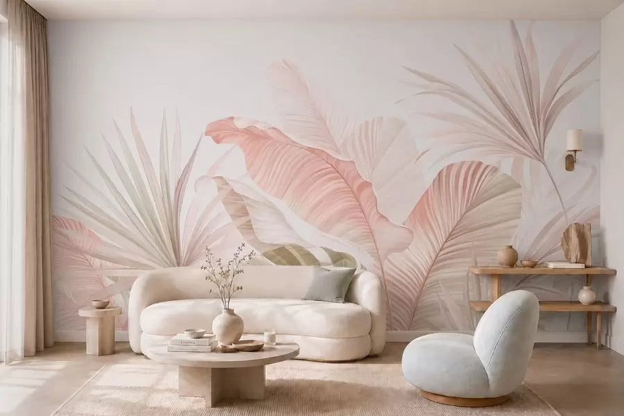 wall murals Soft tropical leaves in pastel tones w05810