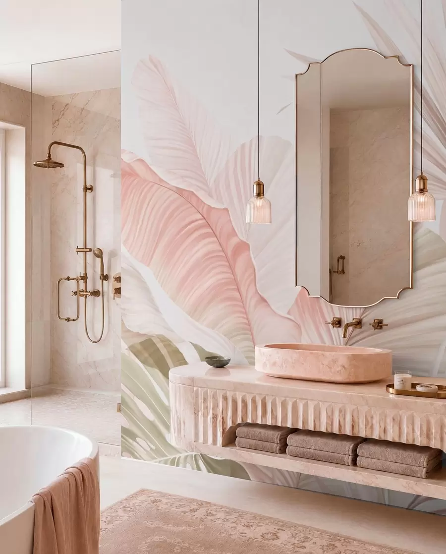 wall murals Soft tropical leaves in pastel tones w05810
