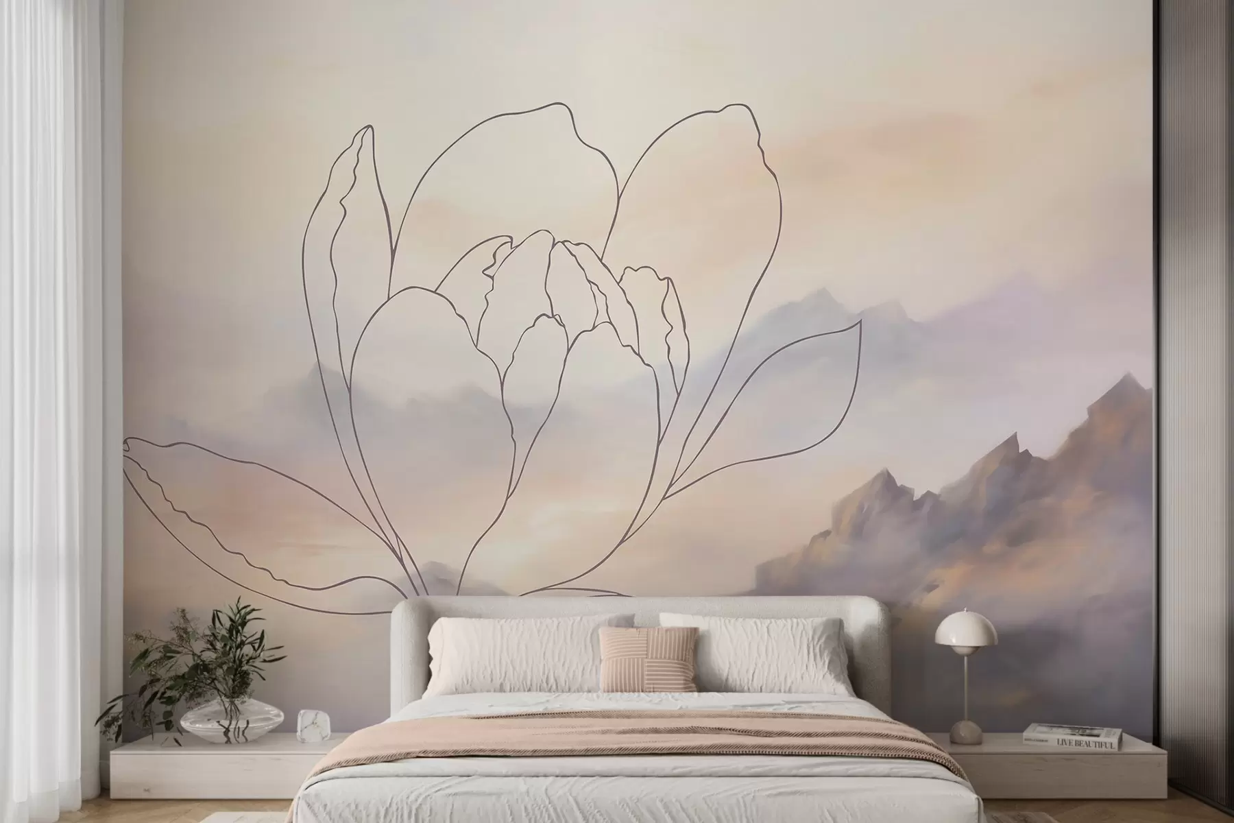 wall murals Mountain landscape with a flower silhouette w05788