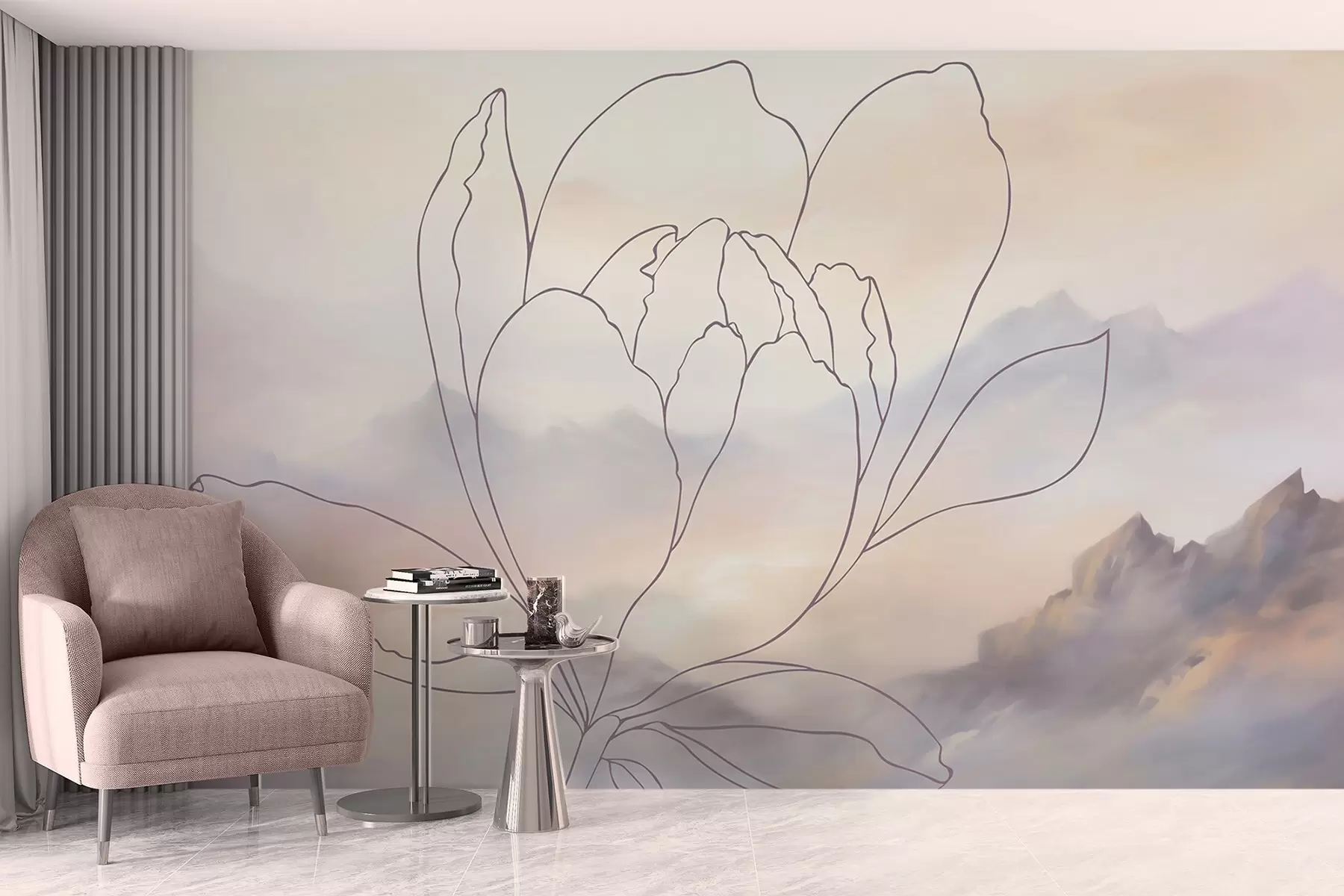 wall murals Mountain landscape with a flower silhouette w05788