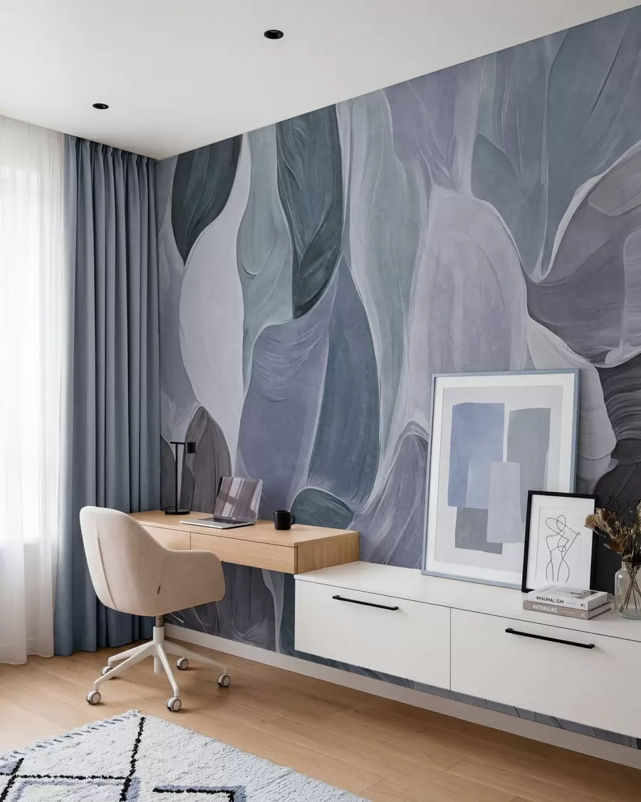 wall murals Abstract shapes in muted blue and gray tones, brushstrokes imitation w09908v1