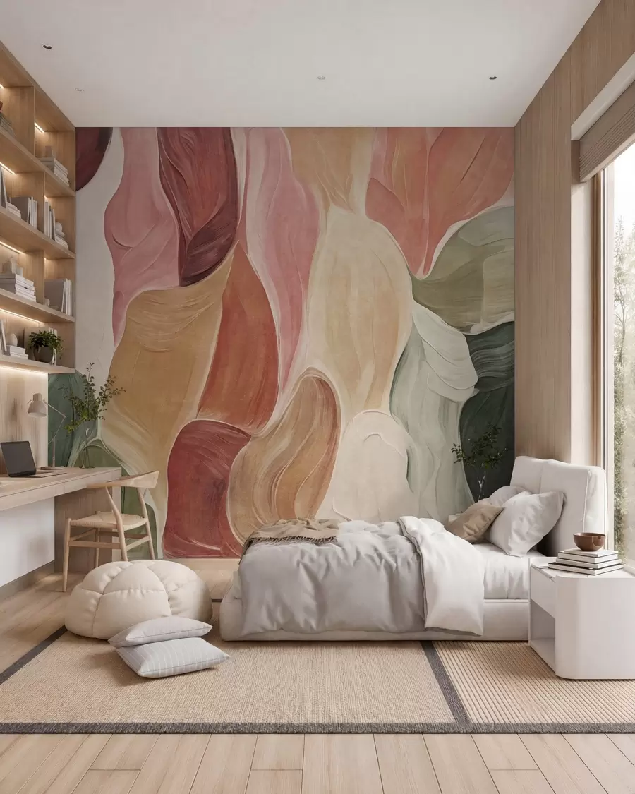 wall murals Abstract shapes in muted pink, peach and green tones, brushstrokes imitation w09908