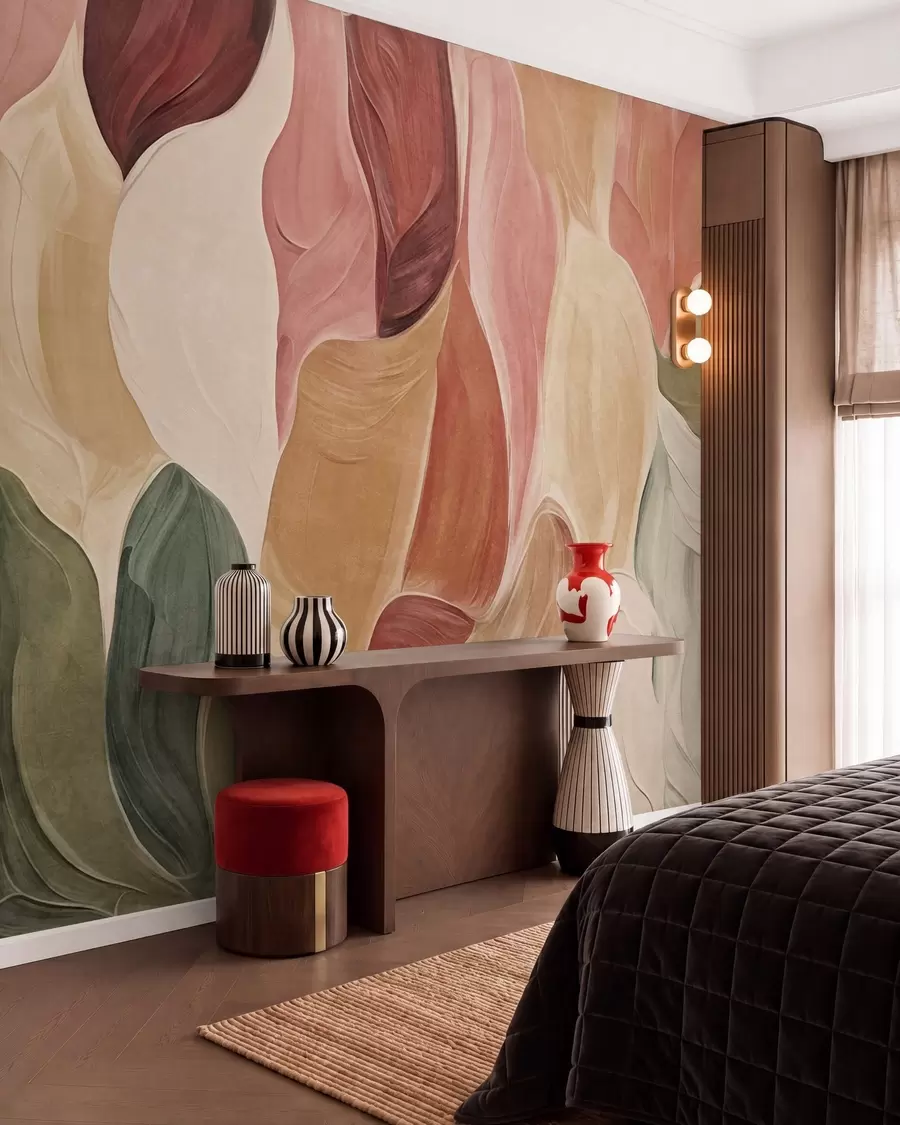 wall murals Abstract shapes in muted pink, peach and green tones, brushstrokes imitation w09908