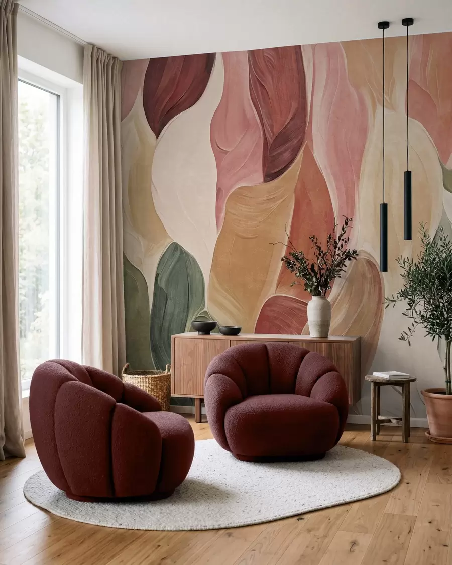 wall murals Abstract shapes in muted pink, peach and green tones, brushstrokes imitation w09908