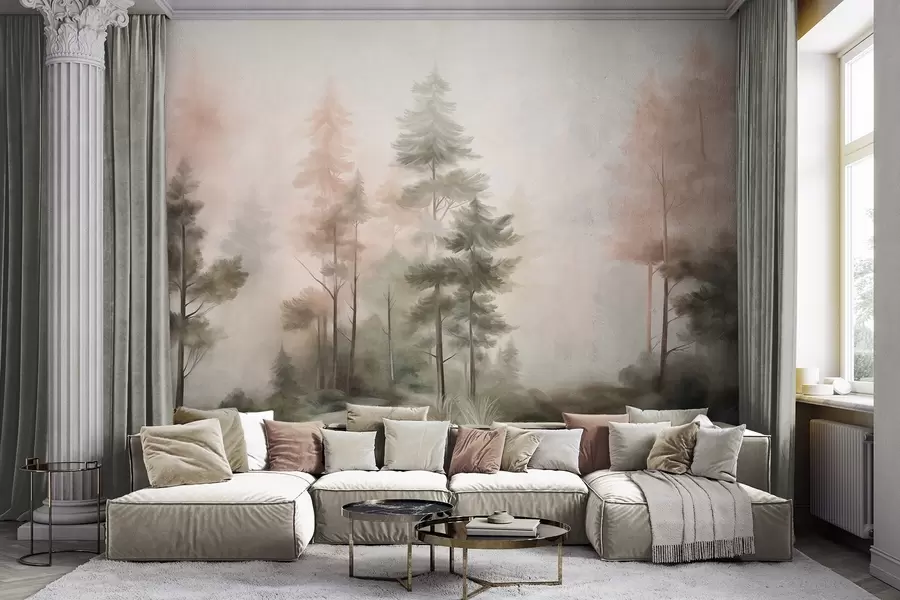 wall murals Textured forest with tall pine trees in shades of green and pink, with soft light fog w09982
