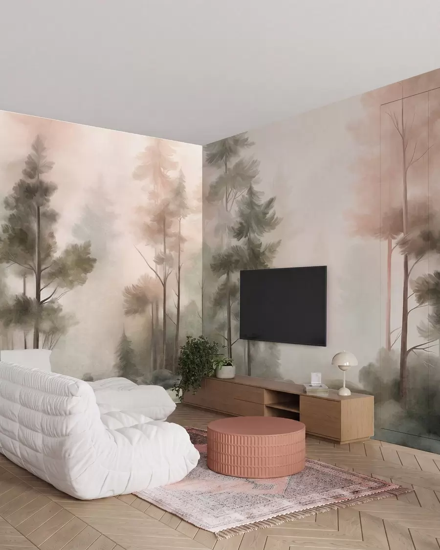 wall murals Textured forest with tall pine trees in shades of green and pink, with soft light fog w09982