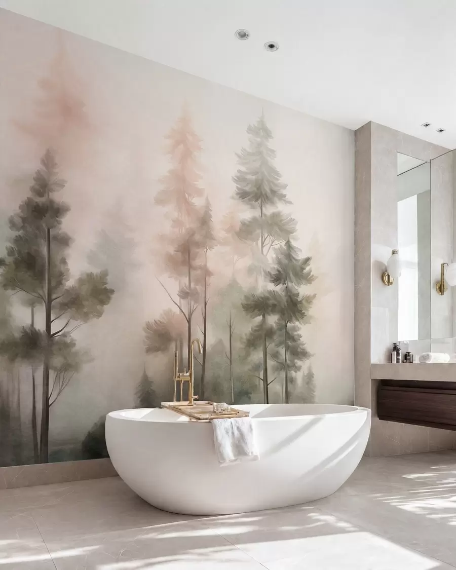 wall murals Textured forest with tall pine trees in shades of green and pink, with soft light fog w09982