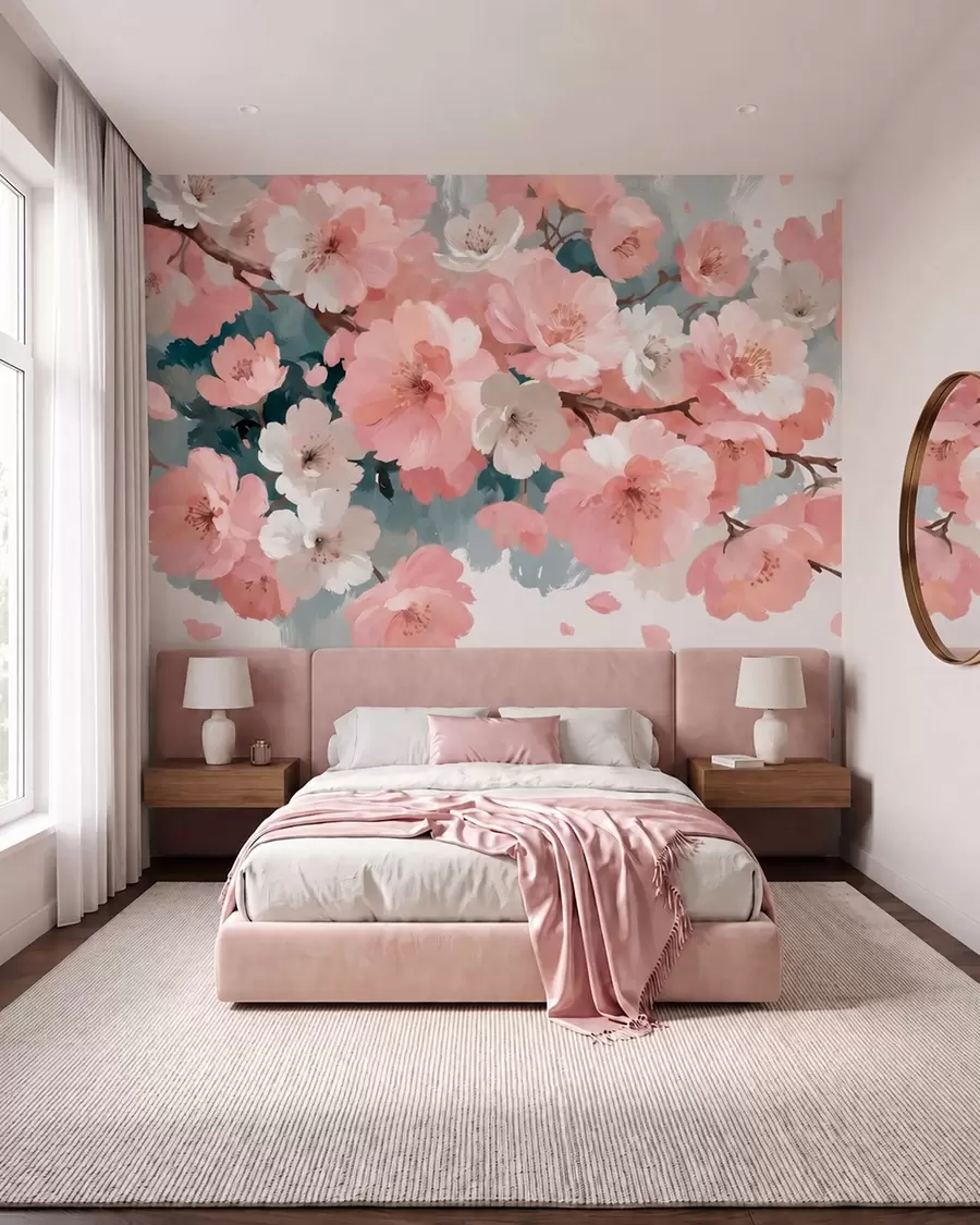 wall murals Blooming cherry blossoms with pink and white flowers in oil painting style w09912