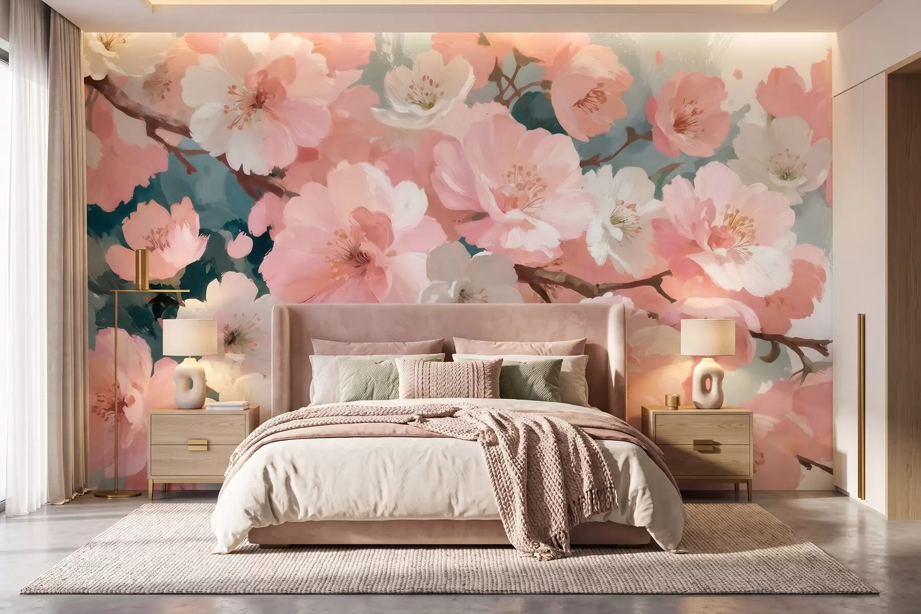 wall murals Blooming cherry blossoms with pink and white flowers in oil painting style w09912