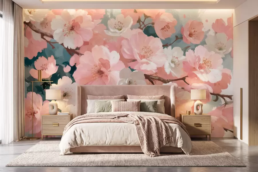 wall murals Blooming cherry blossoms with pink and white flowers in oil painting style w09912