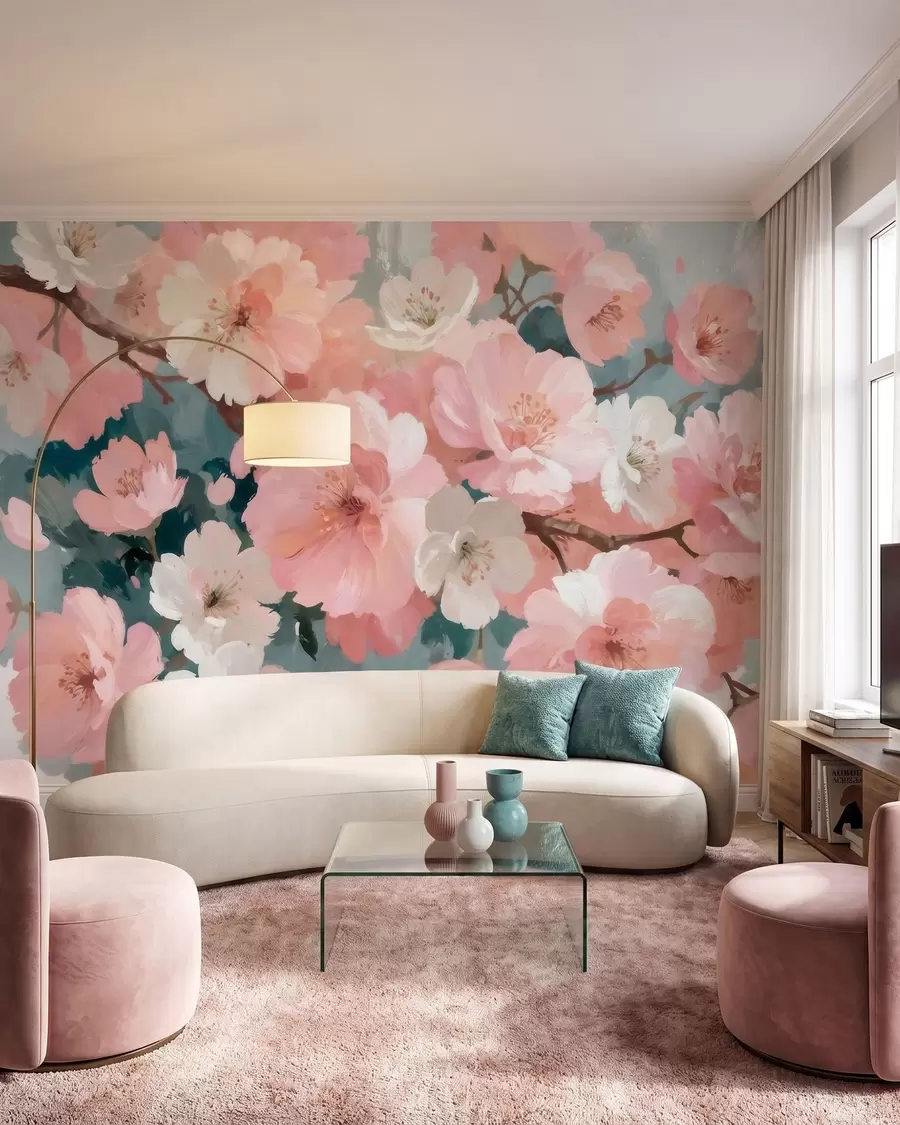 wall murals Blooming cherry blossoms with pink and white flowers in oil painting style w09912