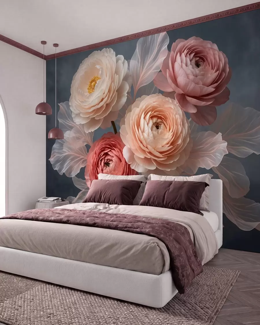 wall murals Bouquet of peonies and ranunculus in peach and pink shades on dark background w09926