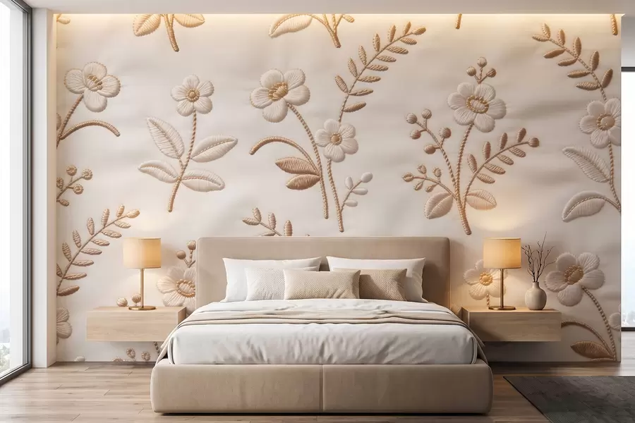 wall murals Imitation embroidery floral pattern with yellow thread on fabric w09953